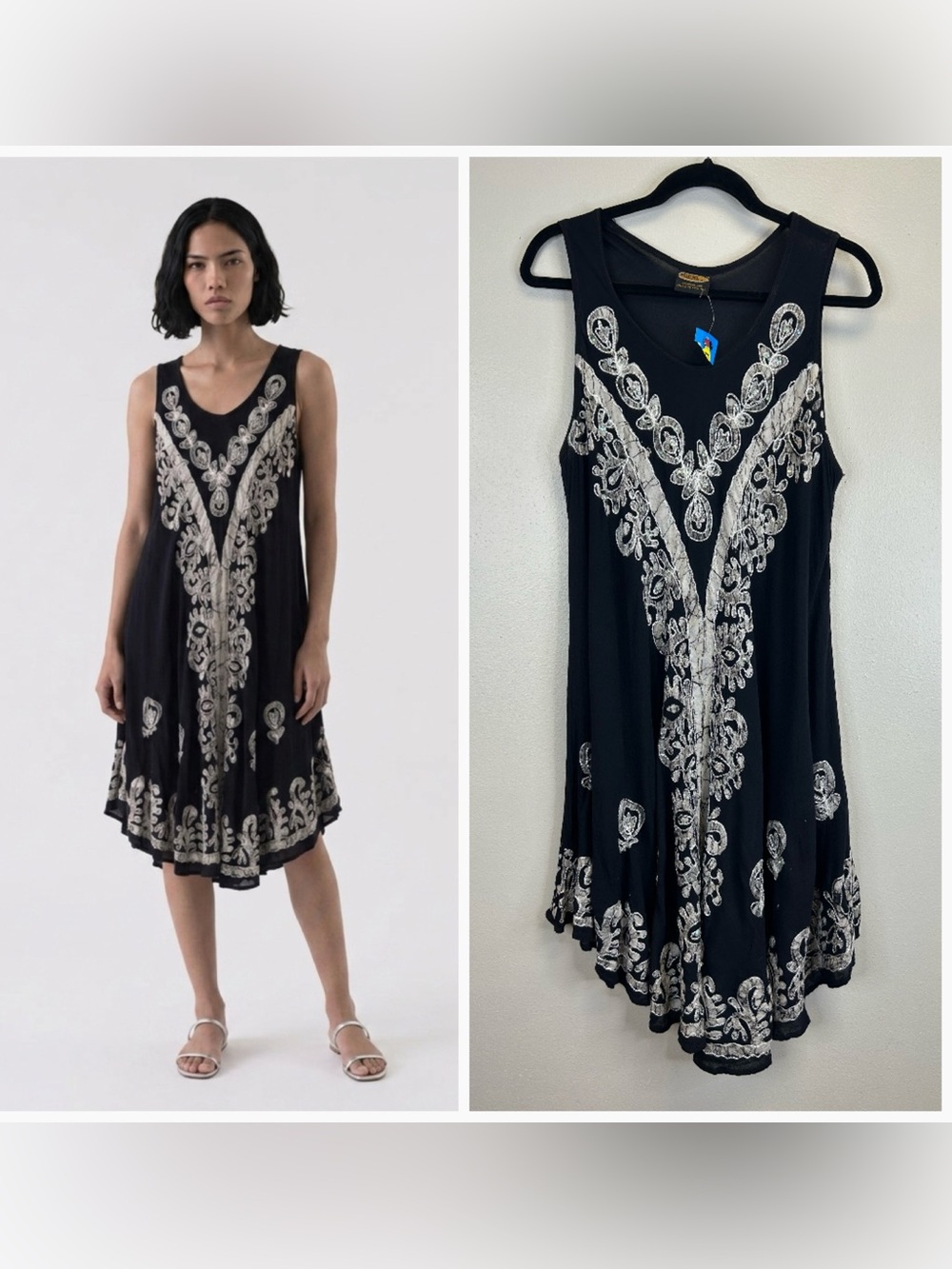 Boho Black Sleeveless Embroidered Swing Dress One Size Festival Beach Vacation